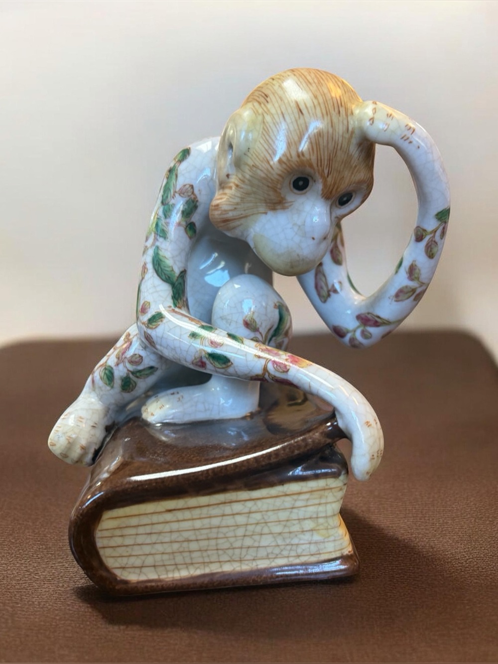 Vintage Porcelain Chinoiserie Floral monkey thinking on a book figurine